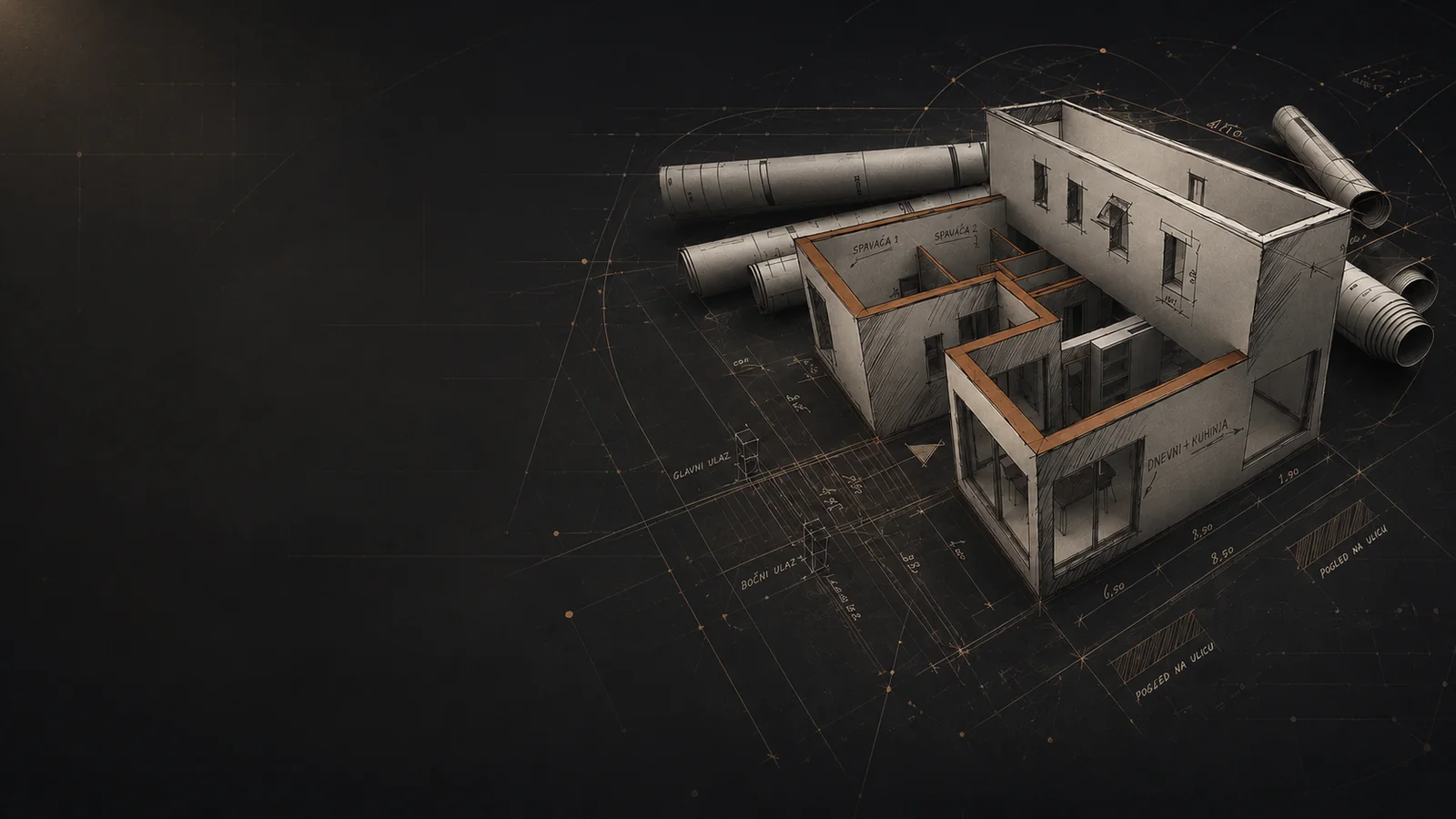 3D model enterijera na tehničkom crtežu — radni prikaz prostora pre izvođenja