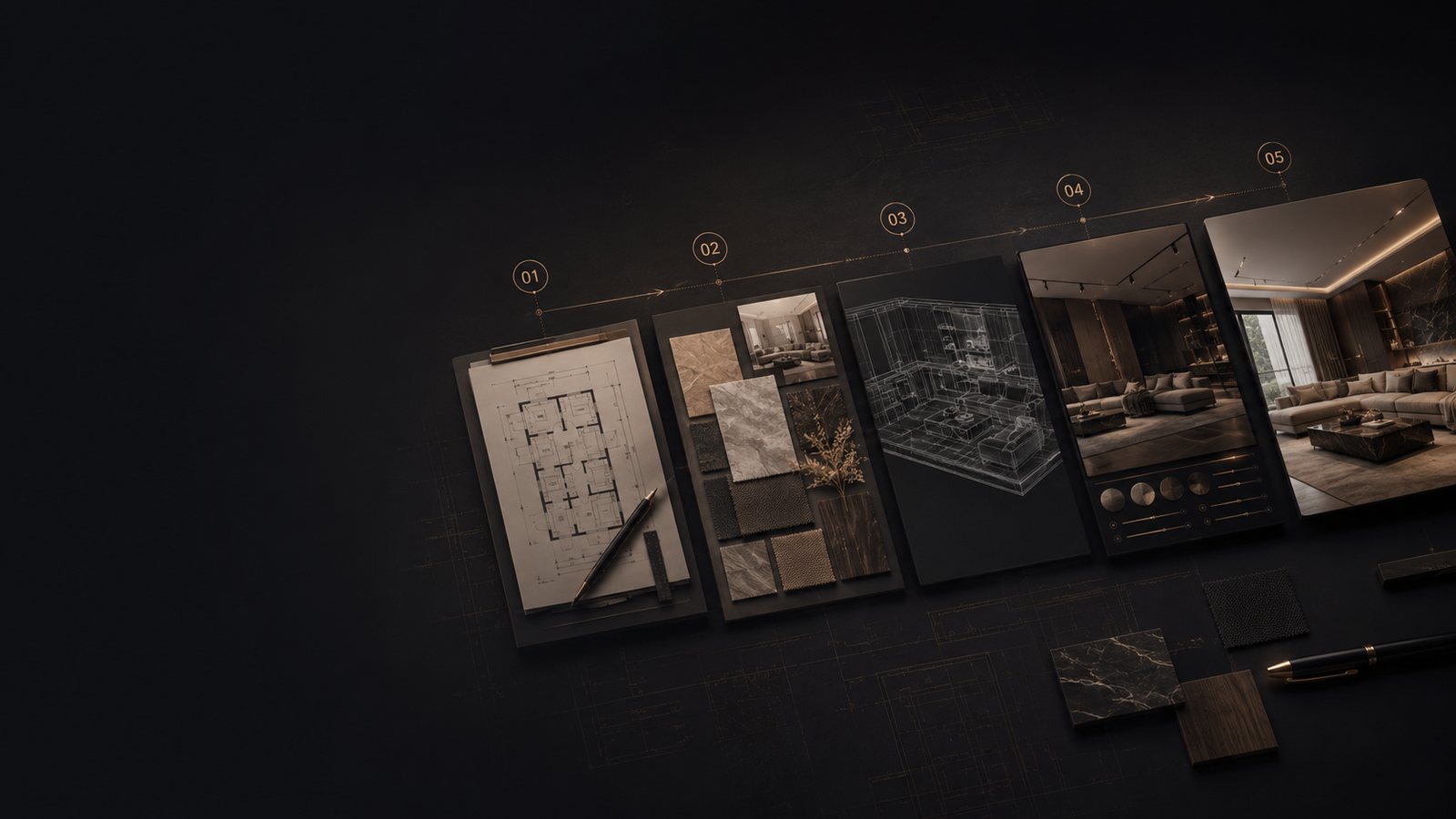 Storyboard procesa rada: tlocrt, uzorci materijala, 3D žičani model i finalni render poređani po koracima