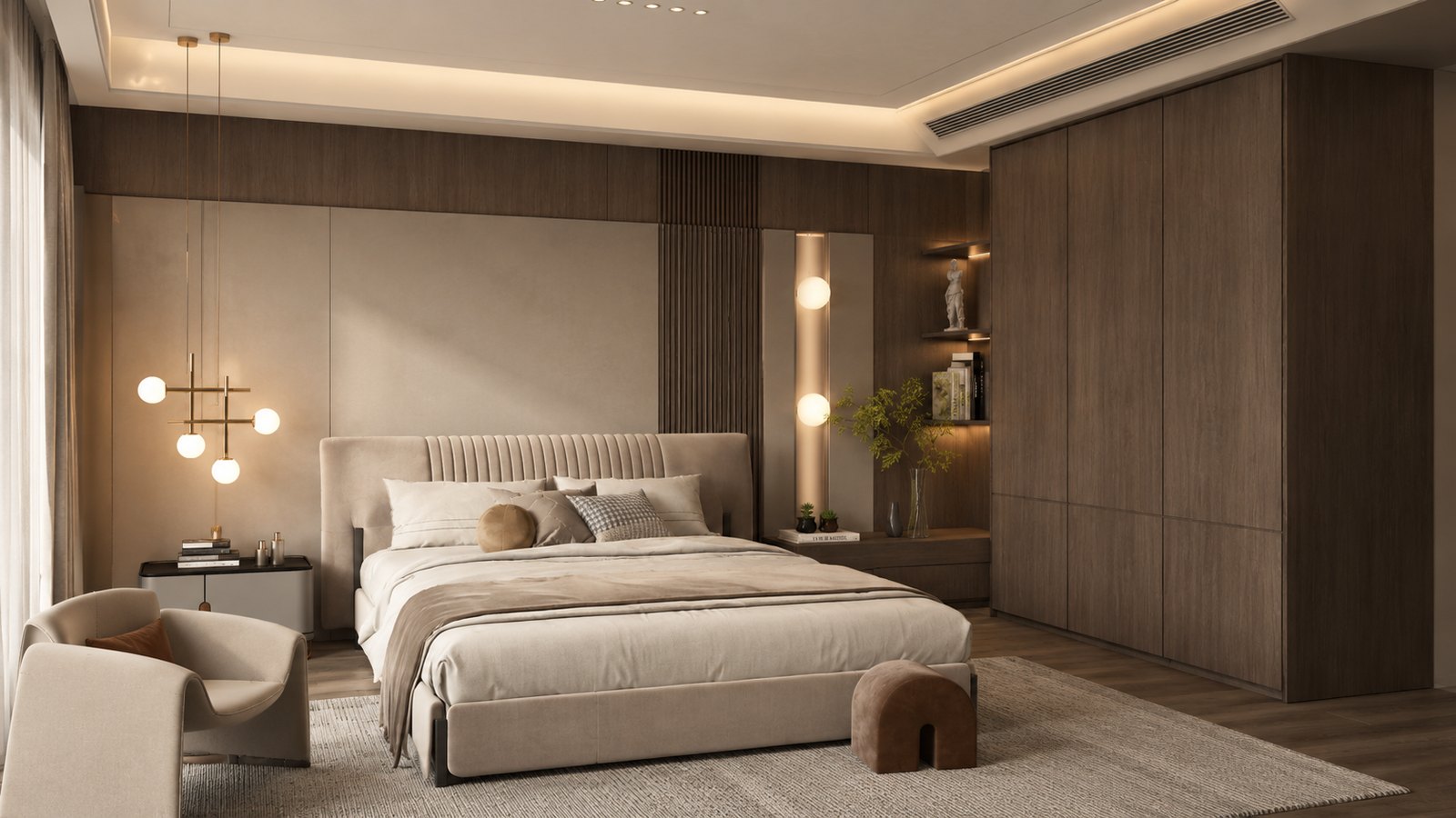 3D render spavaće sobe sa toplim drvenim oblogama, bež tapaciranim krevetom i ambijentalnom rasvetom