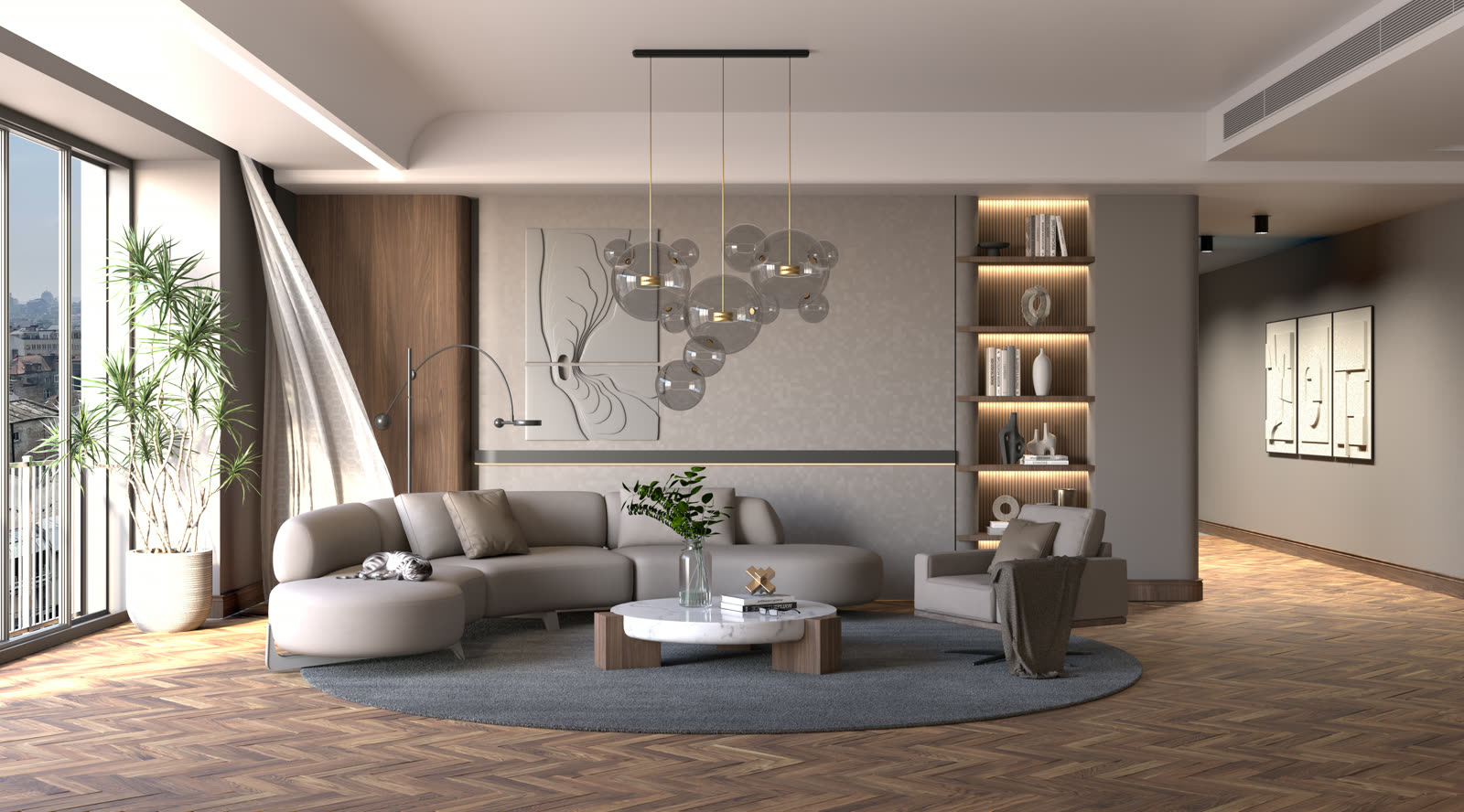 3D render moderne dnevne sobe — zaobljena sofa, viseća rasveta, stočić i police po meri