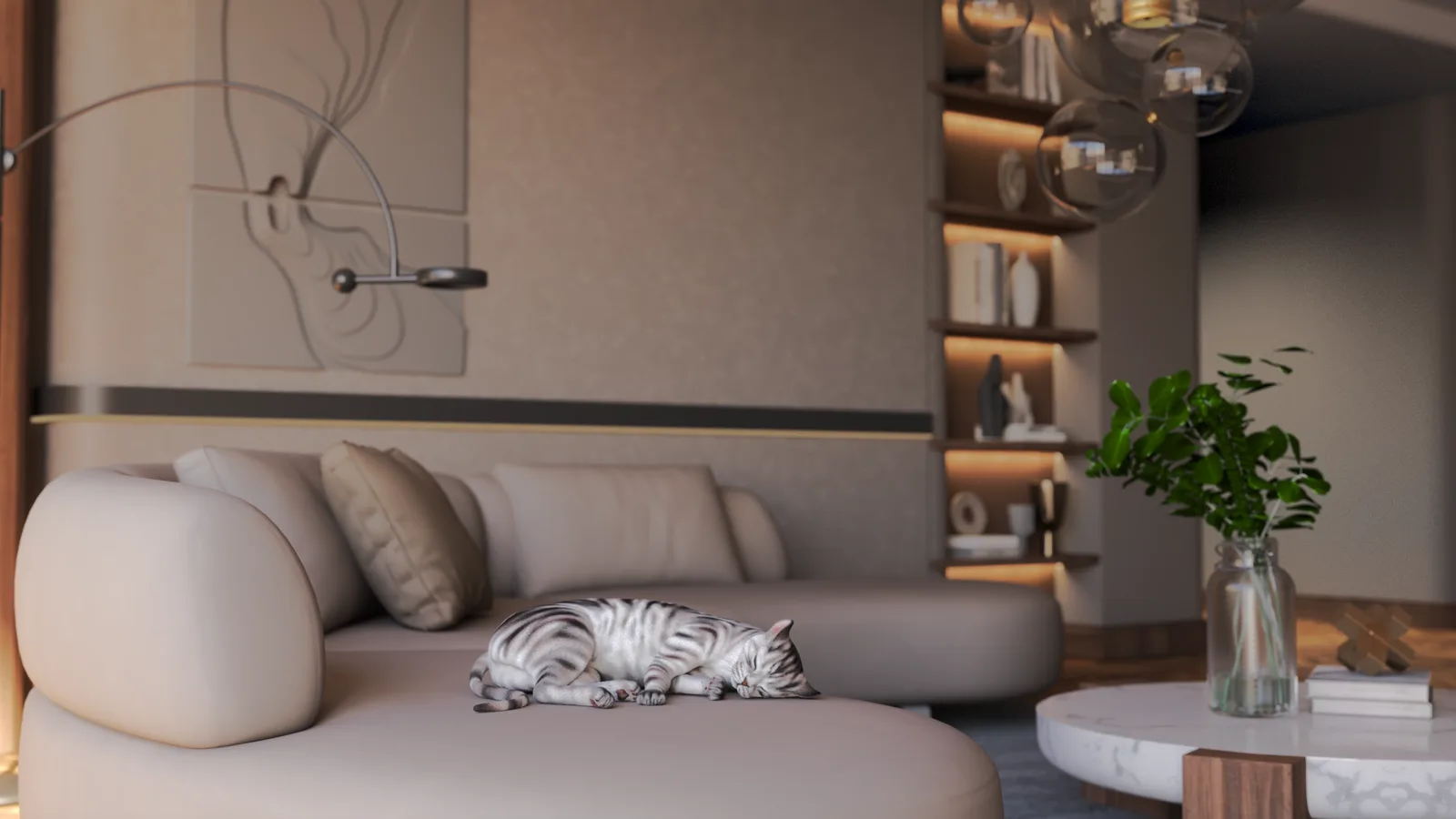 Dnevna soba — topli detalj: zaobljena bež sofa, jastuci i mačka koja spava