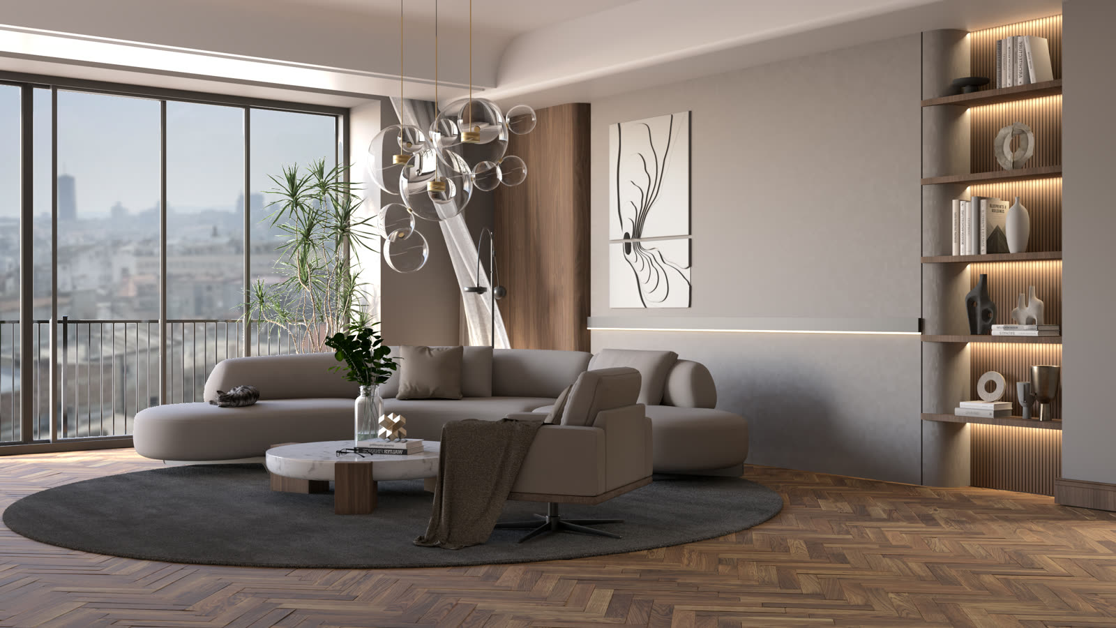 3D render dnevne sobe sa velikim prozorom i pogledom na grad — zaobljena sofa, fotelja, stočić i viseća staklena rasveta