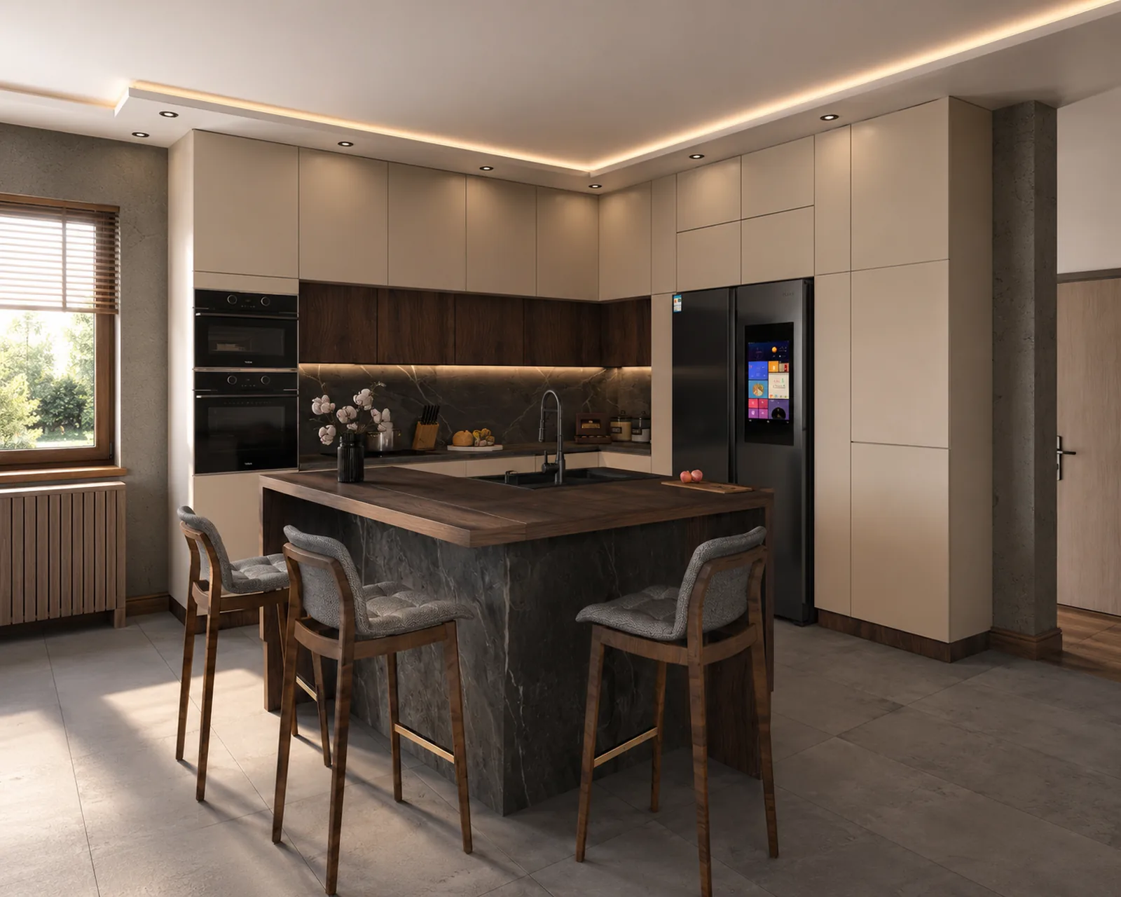 3D render moderne kuhinje po meri sa ostrvom, mat bež frontovima i tamnim drvetom