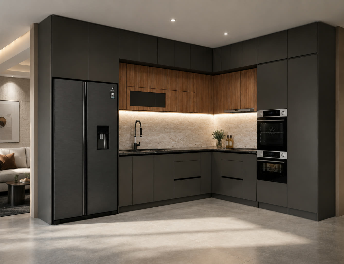 3D render tamne kuhinje po meri u enterijeru — prikaz za stolare i proizvođače nameštaja