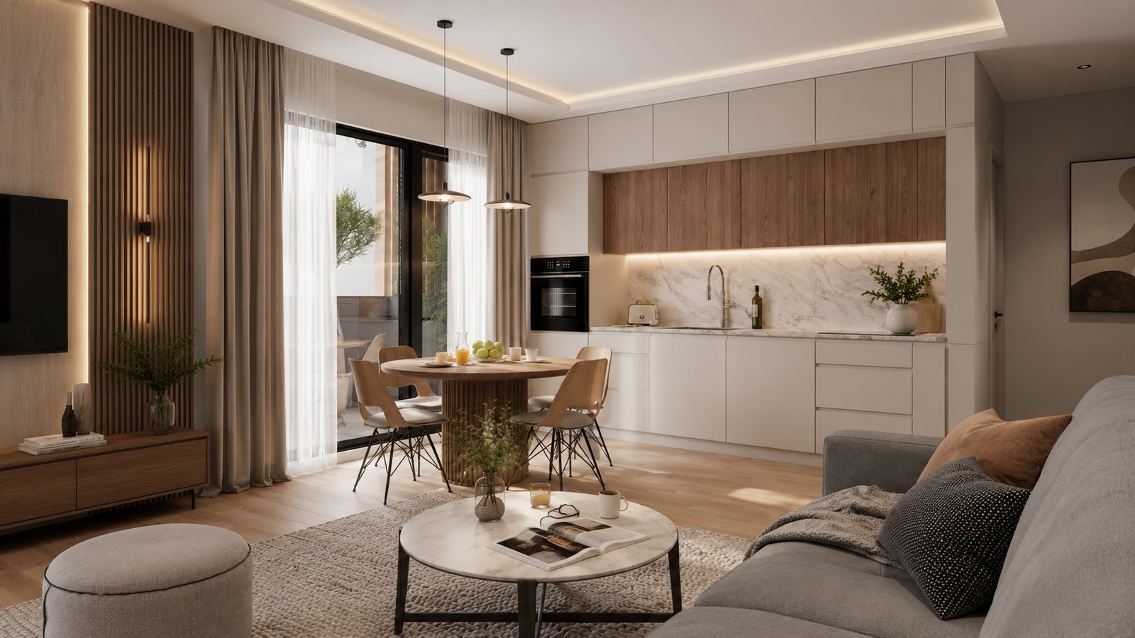 3D render otvorene dnevne sobe i trpezarije sa kuhinjom, svetlim drvetom, bež tonovima i toplom rasvetom
